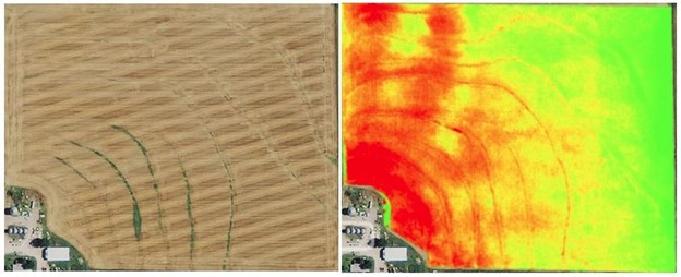 Field map without NDVI imaging on the left - Field map with NDVI imaging on the right identifying areas of crop stress in red and healthy vegetation in green. 