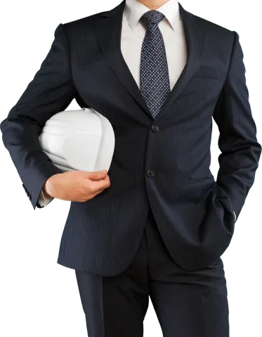 Person in a suit and tie, holding a hard hat.